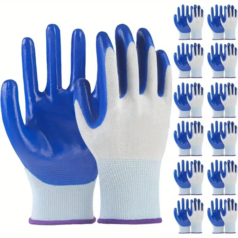 12PCS Nitrile Dipped Safety Work Gloves Non-Slip Rubber Coated Seamless Knit Garden Gloves for Men Mechanics Industrial Assembly