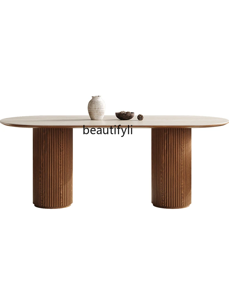 French Retro Solid Wood Dining Table and Chair Cave Stone Stone Plate Small Apartment Walnut Oval Designer Dining Table Cream