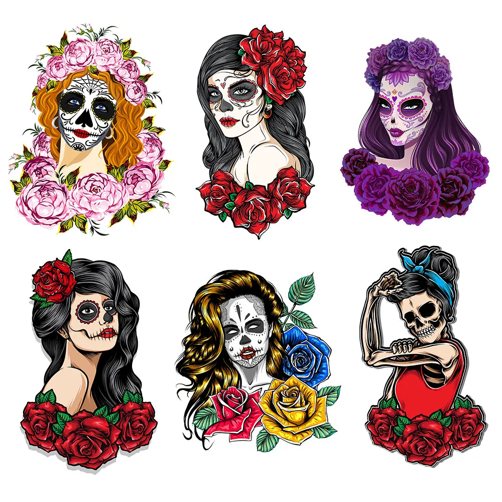 Beautiful Pink Sugar Skull Girl Heat Transfer Patches For Clothing Sticker Floral Press Printing Heat Transfer Diy Appliques New