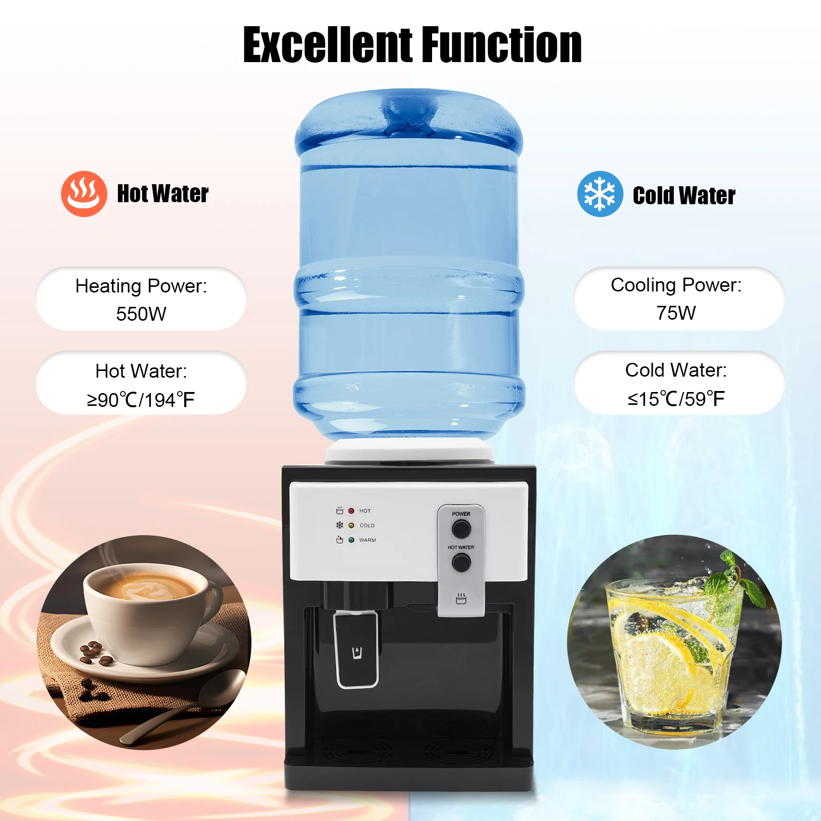 Black Loading Water Cooler 110V Dispenser Desktop Electric Hot Cold Water Dispenser