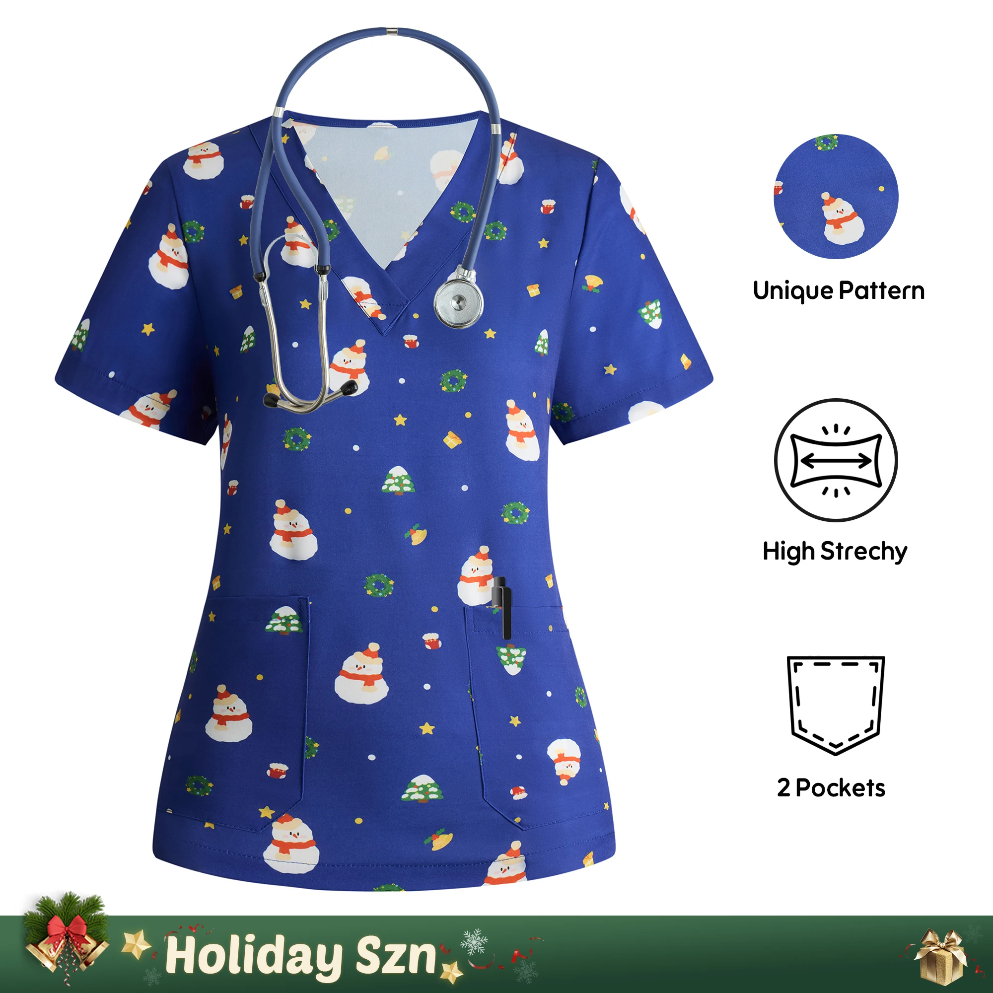 【Natal】Atasan Scrub Wanita Motif Manusia Salju Biru Seragam Medis Bedah Kartun untuk Perawat Rumah Sakit Hewan Klinik