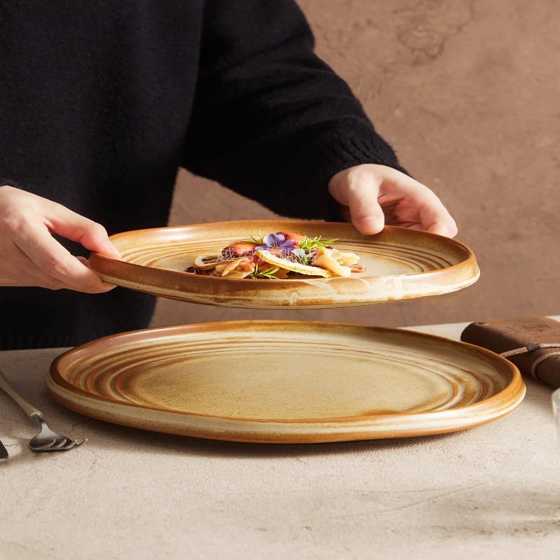 

High-end Coarse Earthenware Irregular-shaped Steak Plate Western-style Tableware for Home Restaurants Creative Dessert Bowl