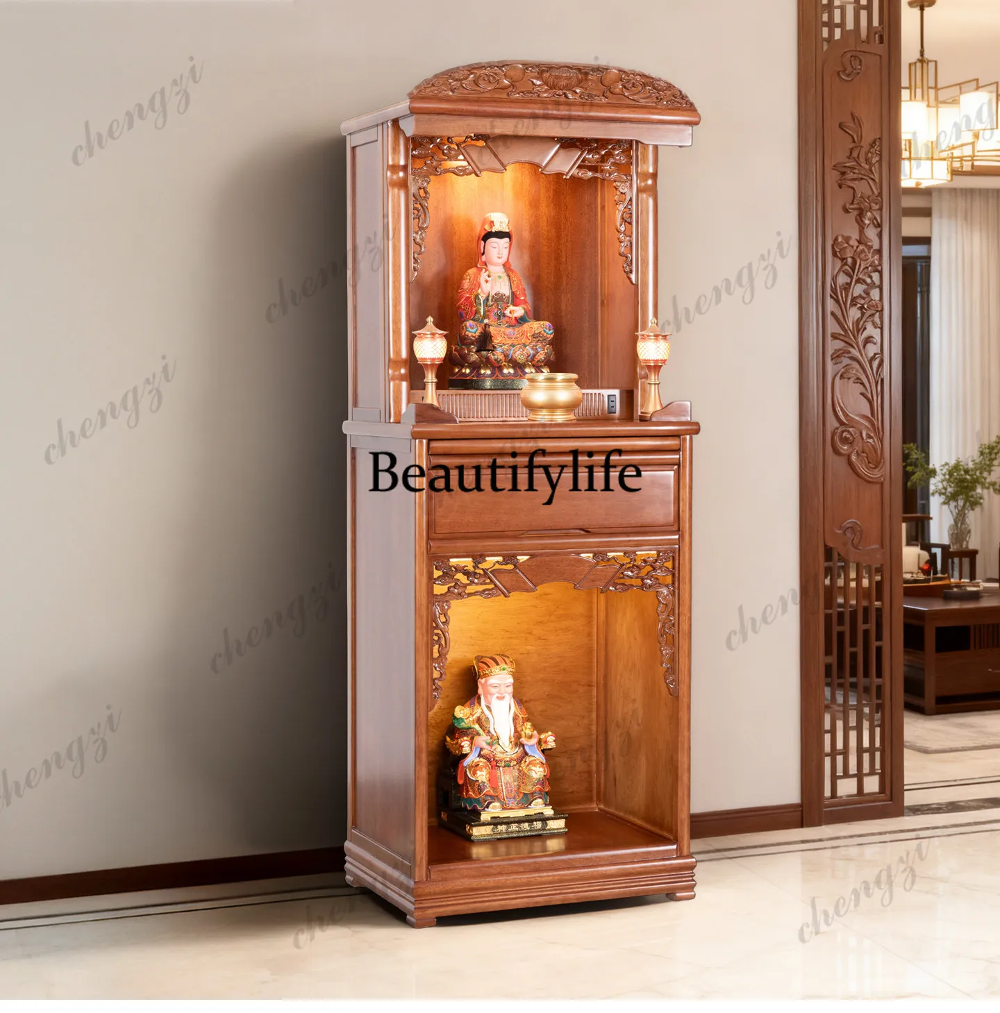 New Chinese-style solid wood cabinet, upper and lower double-layer incense case Tang wood tenon and mortise for home use