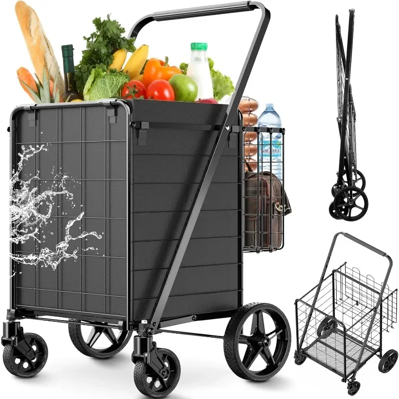 

Shopping Cart for Groceries,Upgraded Jumbo Grocery Cart with Waterproof Liner, 360° Rolling Swivel Wheels and Double Basket,