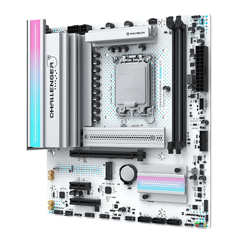 MAXSUN Challenger Z890M WIFI ICE Intel z890 LGA 1851 DrMOS 60 A PCIe 5, 0x4 M.2 Type-C 2,5G LAN WiFi 6 DDR5 2 * M.2 DP 1,4 ГБ
