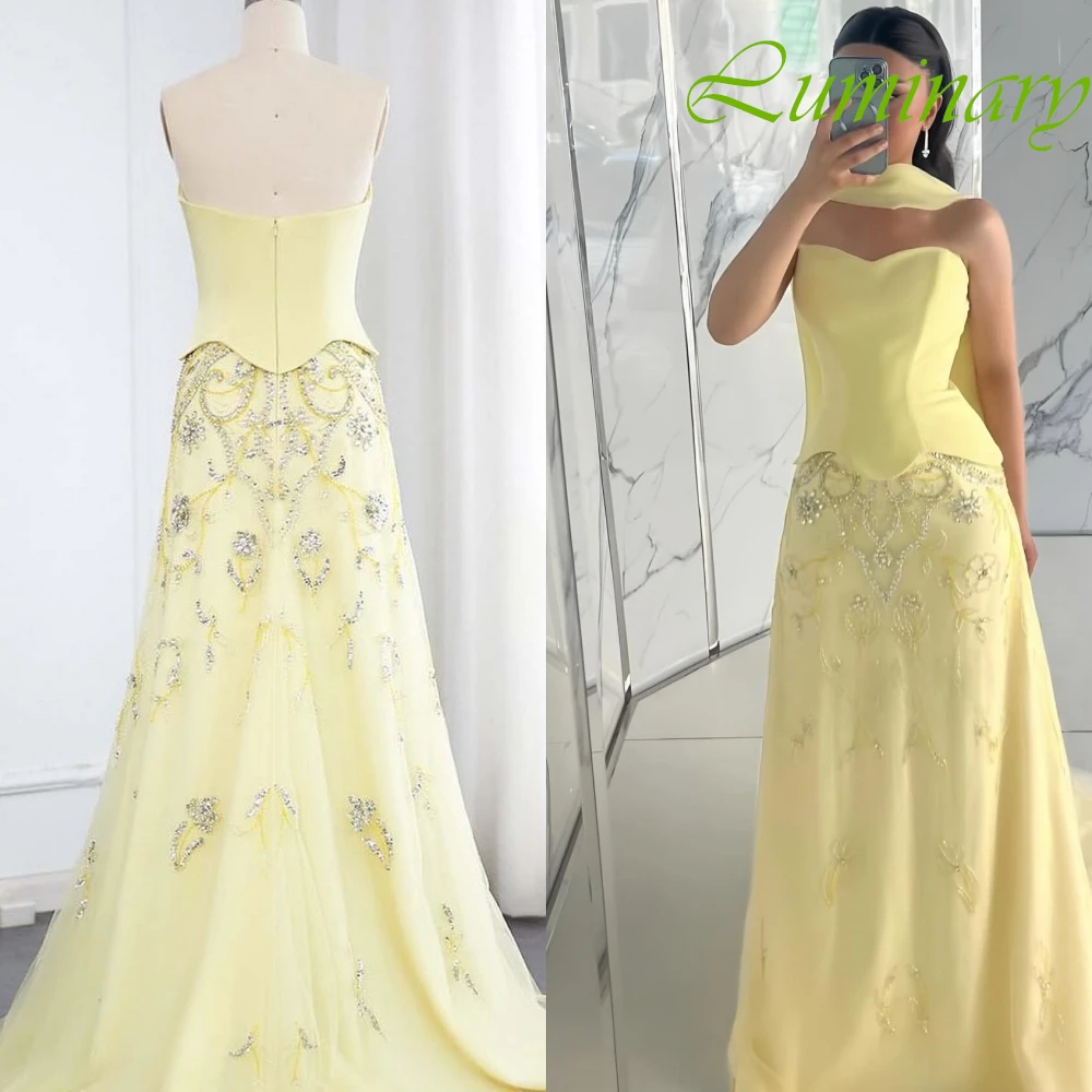 

Customized Luxury Crystal Strapless Sleeveless Evening Dress High Quality Satin Prom Dresses Temperament Bespoke Occasion Gowns