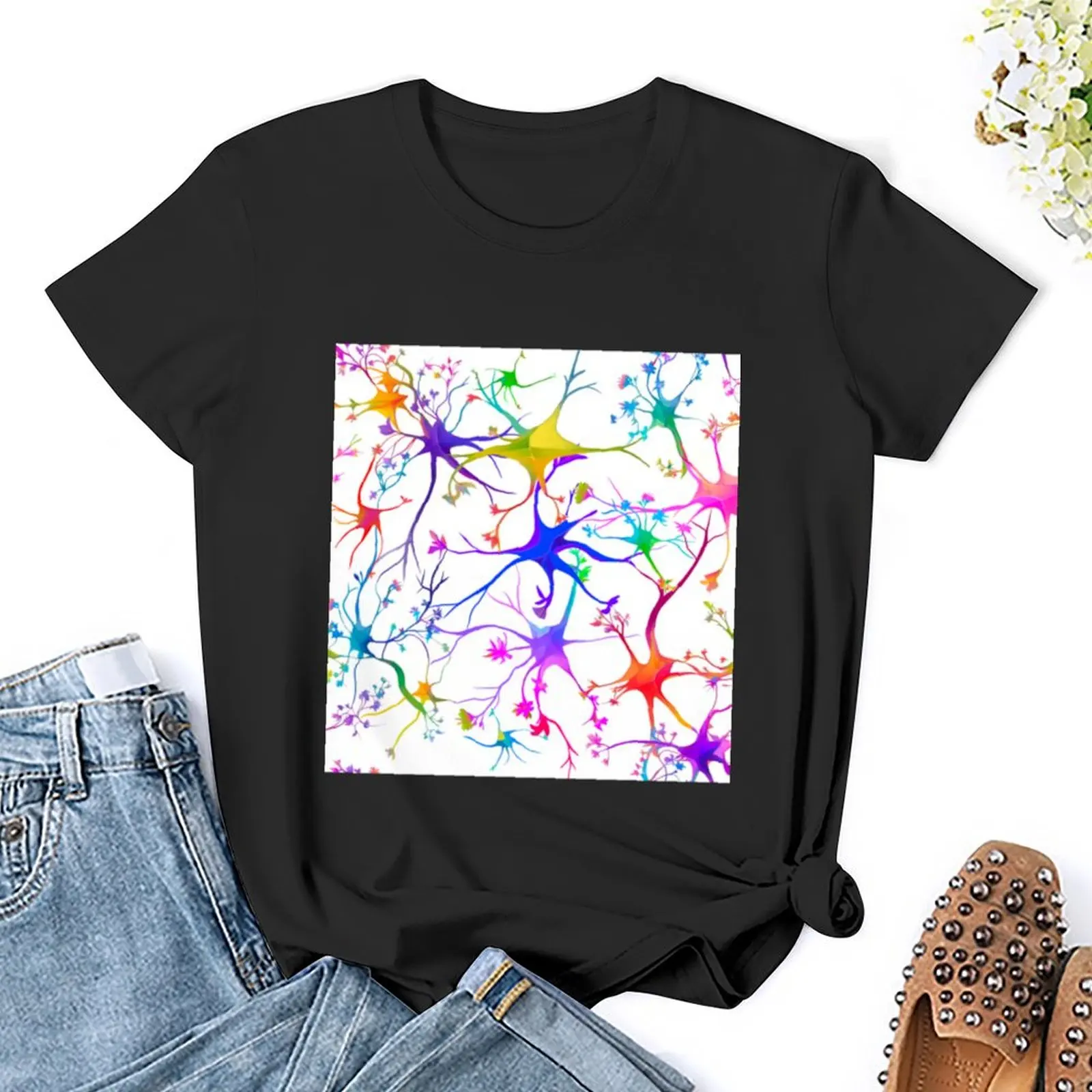 Camiseta de flores neuronales para mujer, camisetas recortadas de pesos pesados, divertidas aduanas