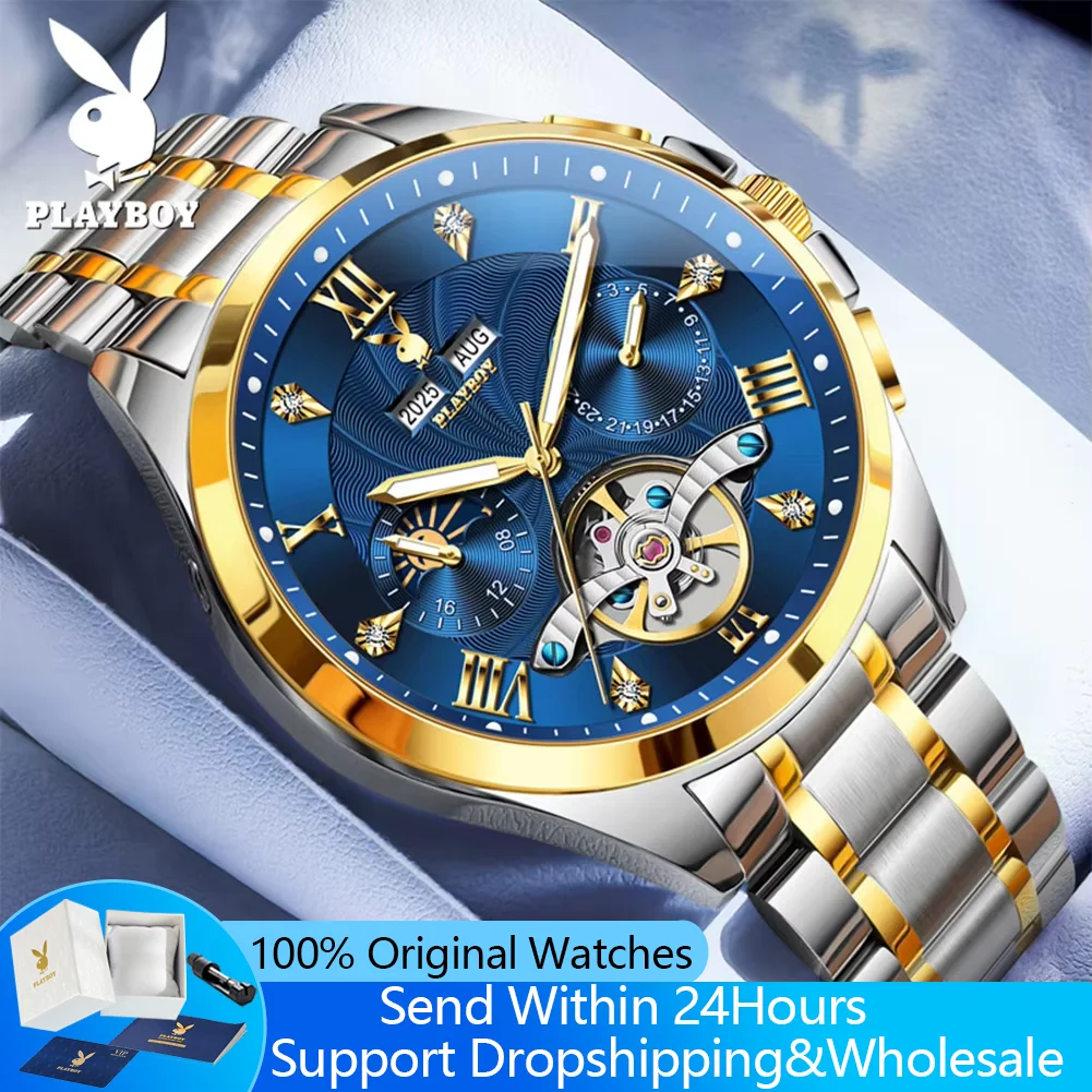 

Мужские автоматические часы PLAYBOY 3090: Оригинальные, люксовые, скелетонизированные, с индикатором фаз Луны и календарем, для бизнеса