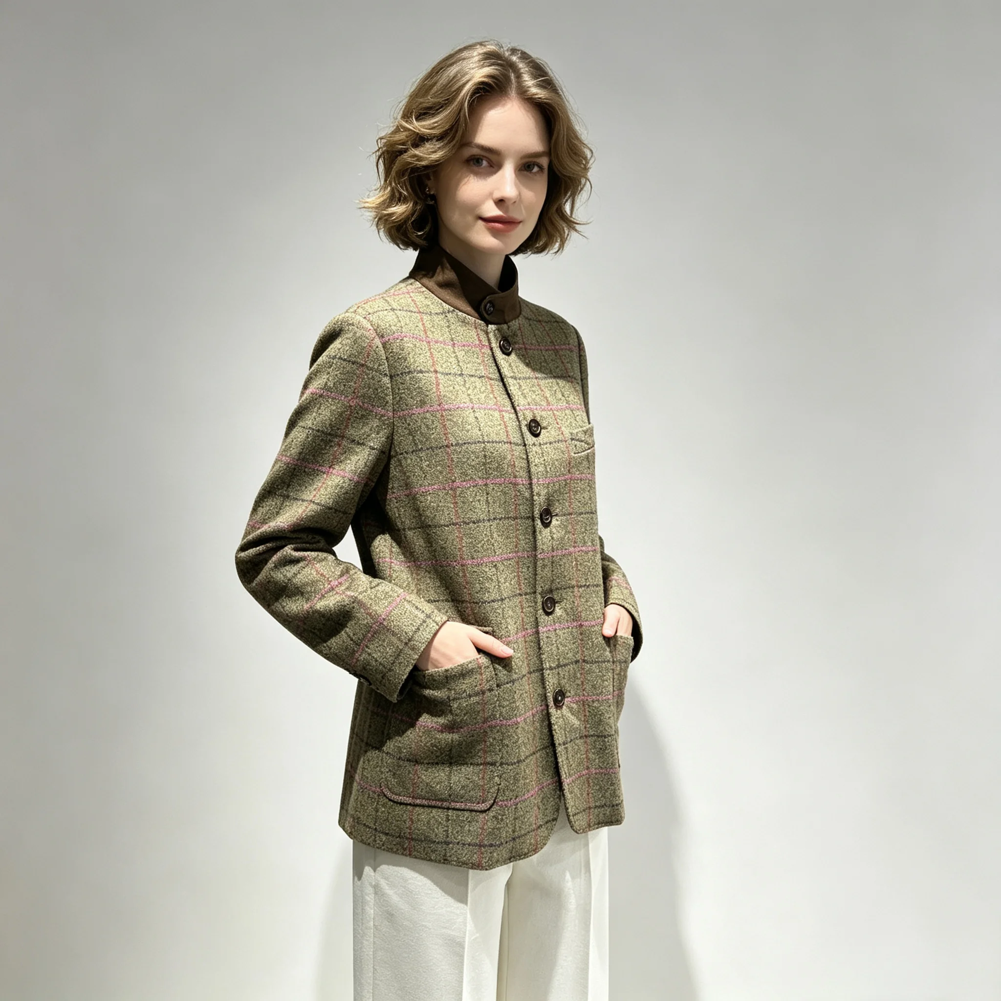 Women's 100%Wool Jacket Commute Style Slim Fit Casual High Collar Suit Simple Design Long Sleeve Button Closure  Plaid Pattern view 2