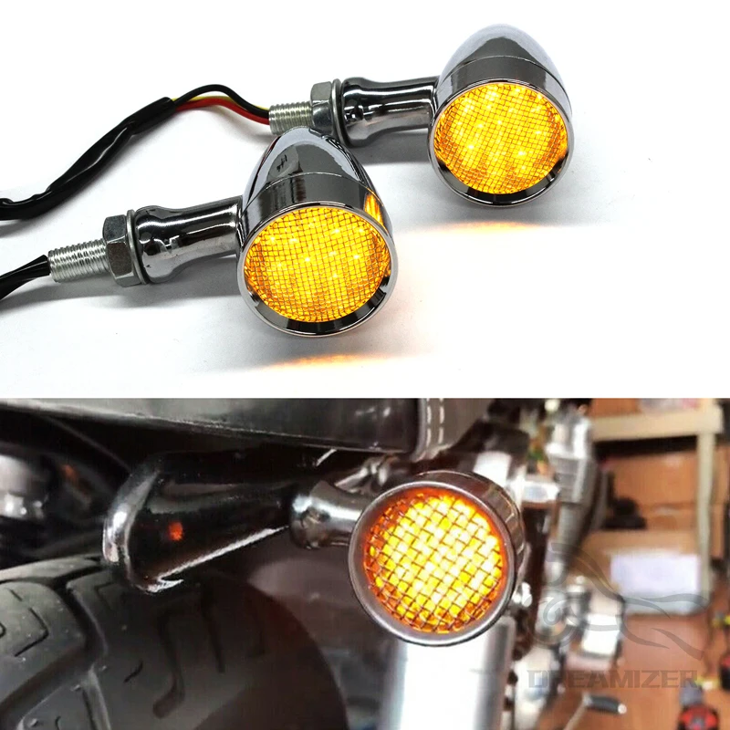 Universal LED Motorcycle Retro Bullet Turn Signal Brake Light Mesh Grill Amber Lens Fit 10mm Bolt For Harley Cafe Racer