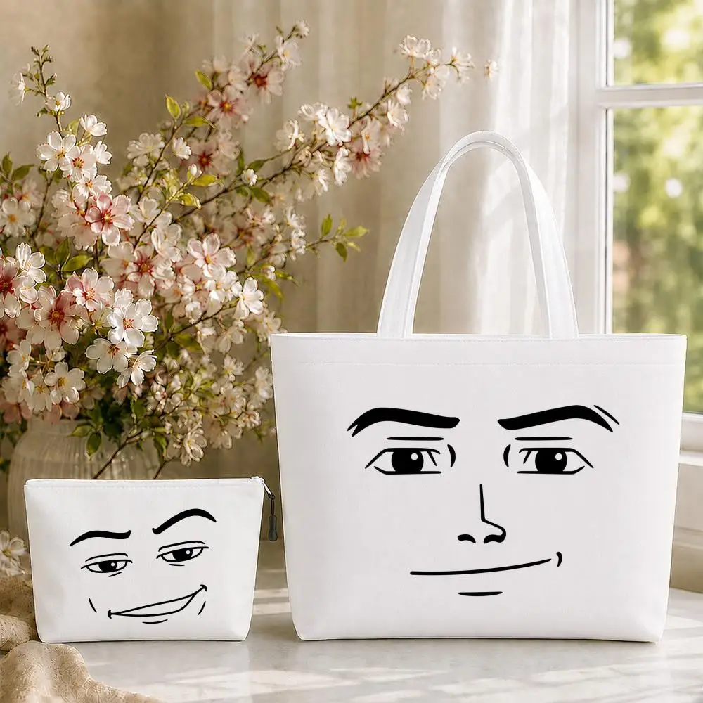 Meme Face Comfortable Funny Storage Bags 2-Piece Set Double-Sided Print with Zipper Canvas Shopping Tote Bag Work Travel Set