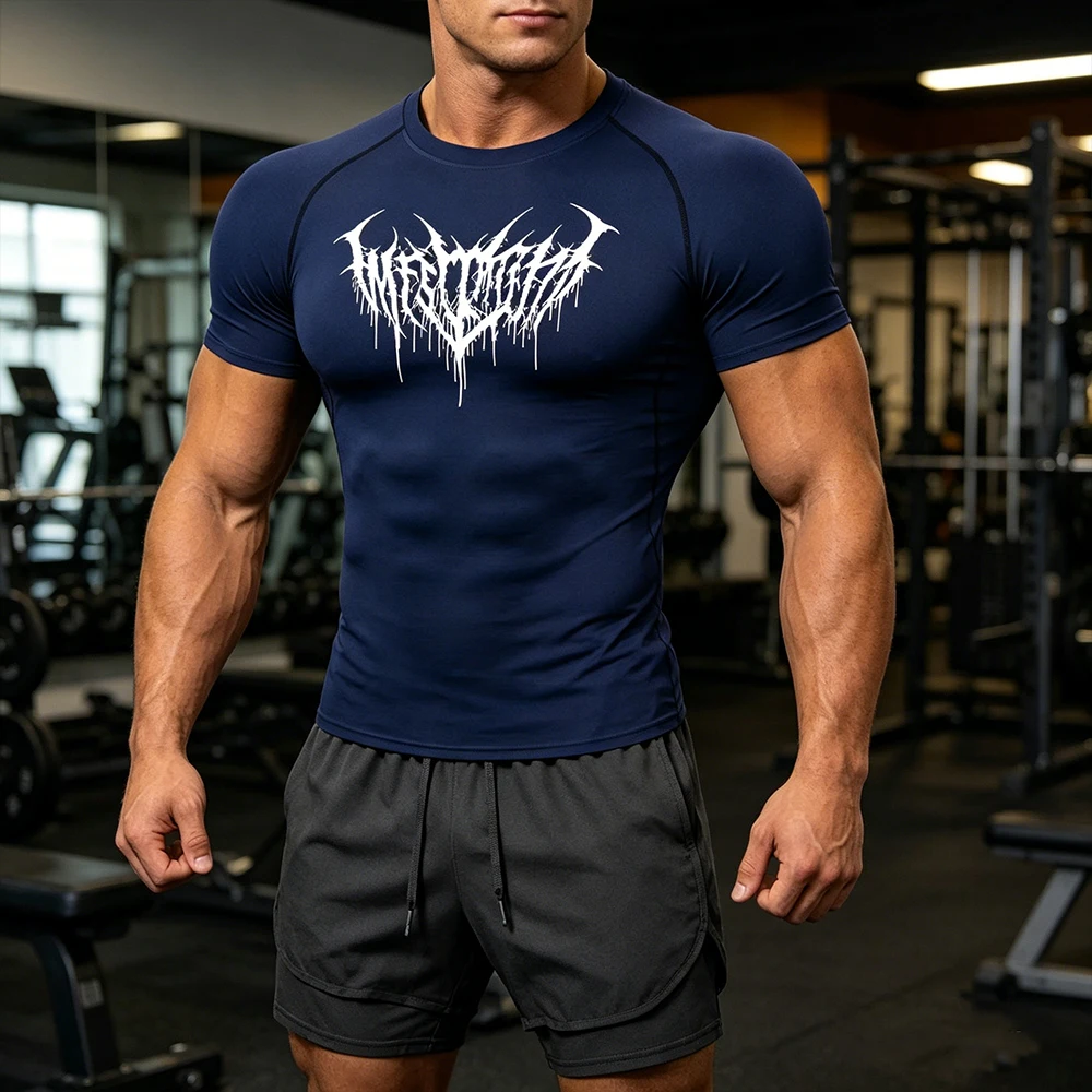 

Men 2 Piece Workout Set Quick Dry Compression Shirt Double Layer Shorts with Phone Pocket Towel Ring Gothic Death Metal Print
