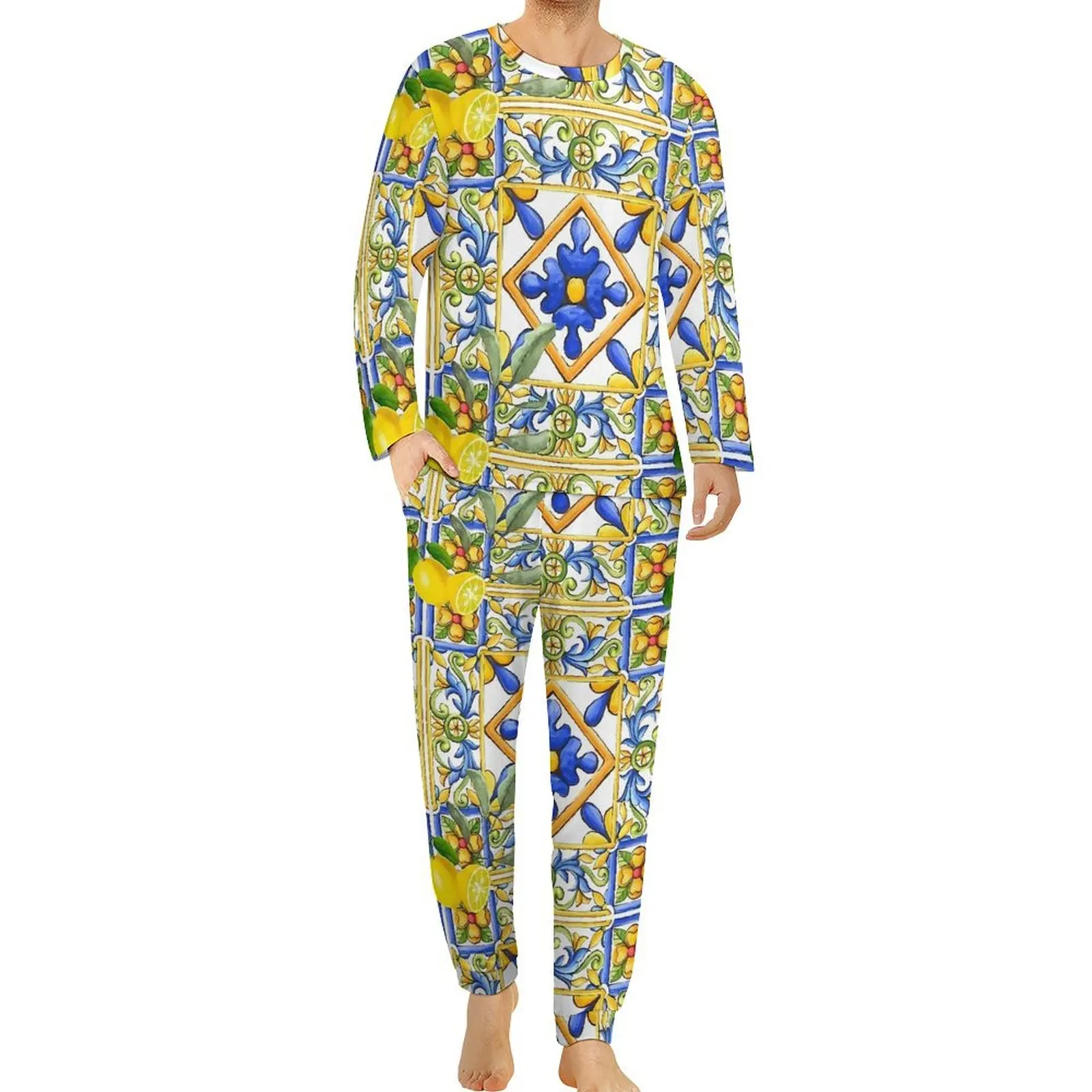 Majolica-Pijama de limón para hombre, ropa de dormir con azulejos y flores cítricas, ropa de dormir de invierno de manga larga, conjuntos de pijama personalizados para dormitorio de 2 piezas, talla grande 6XL