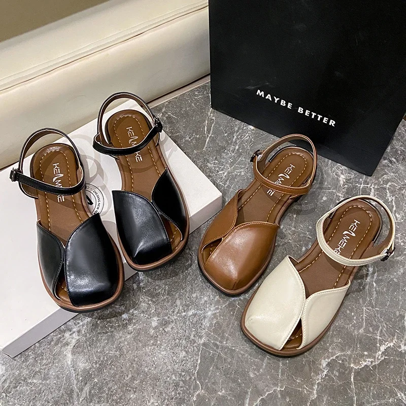 Модные женские сандалии в римском стиле с носком, тканые полые дышащие удобные сандалии на плоской подошве, новые летние сандалии