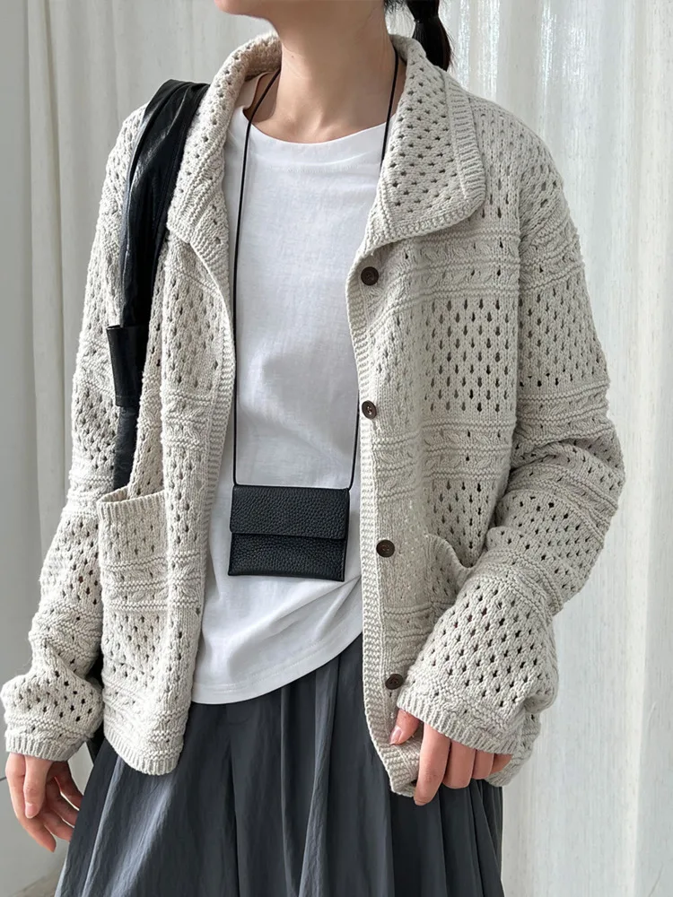 WHTREND 여성용 홀로 니트 가디건 2025 가을 신상품 턴다운 칼라 긴팔 스웨터 탑 WH1270