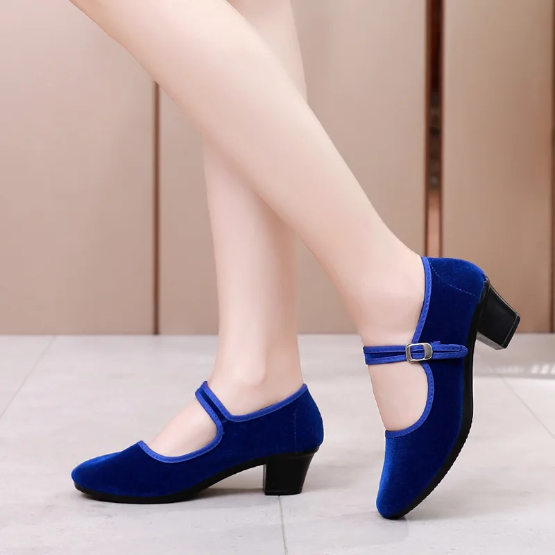 Beijing Traditional Cloth Shoes Autumn Women's Heels Square Heels Mary Jane Shoes Luxury Velvet Pumps Lady Work or Dancing Shoes