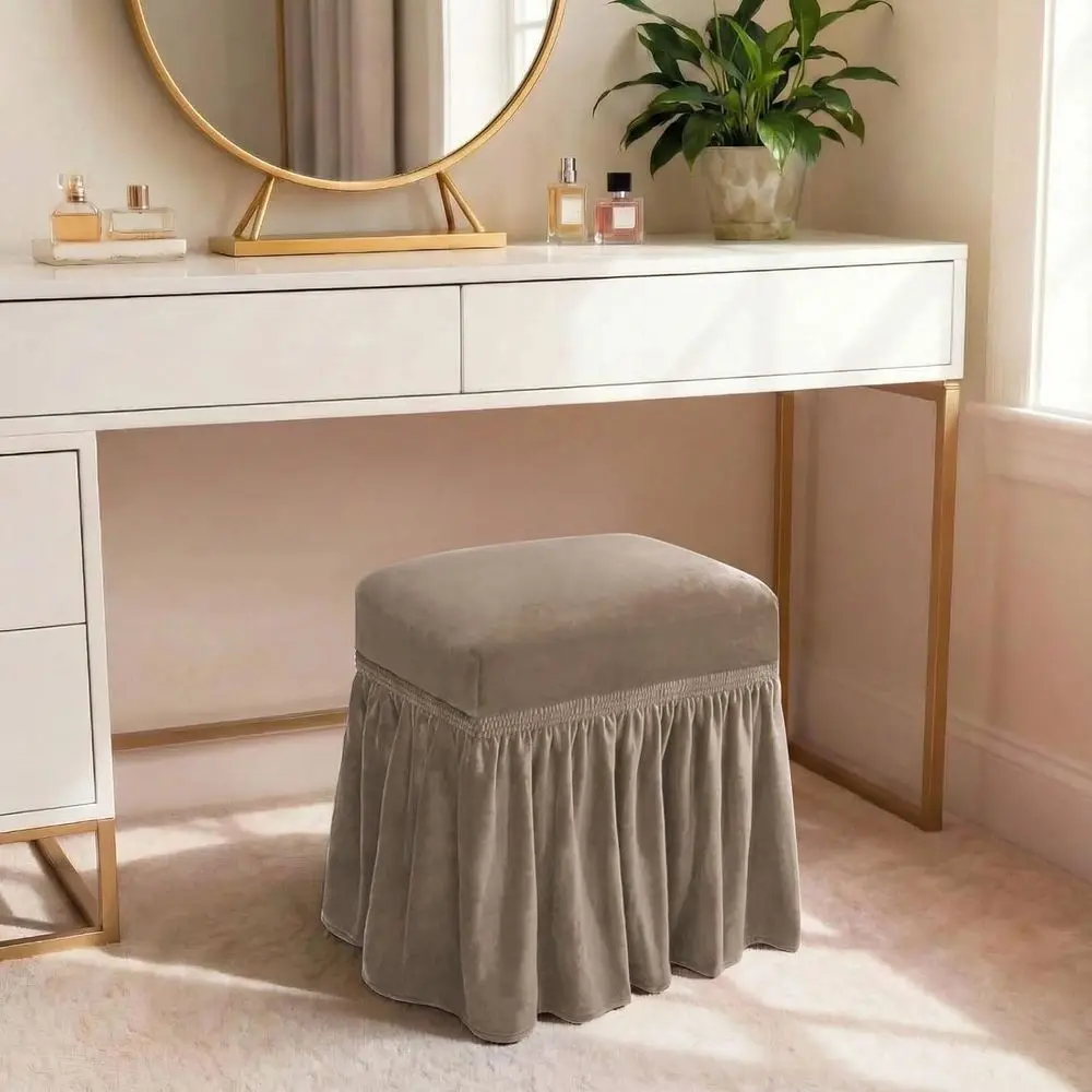 Stretch Vanity Bench Cover with Removable Skirt, Washable Seat Cushion for Living Room, Bedroom, and Kitchen