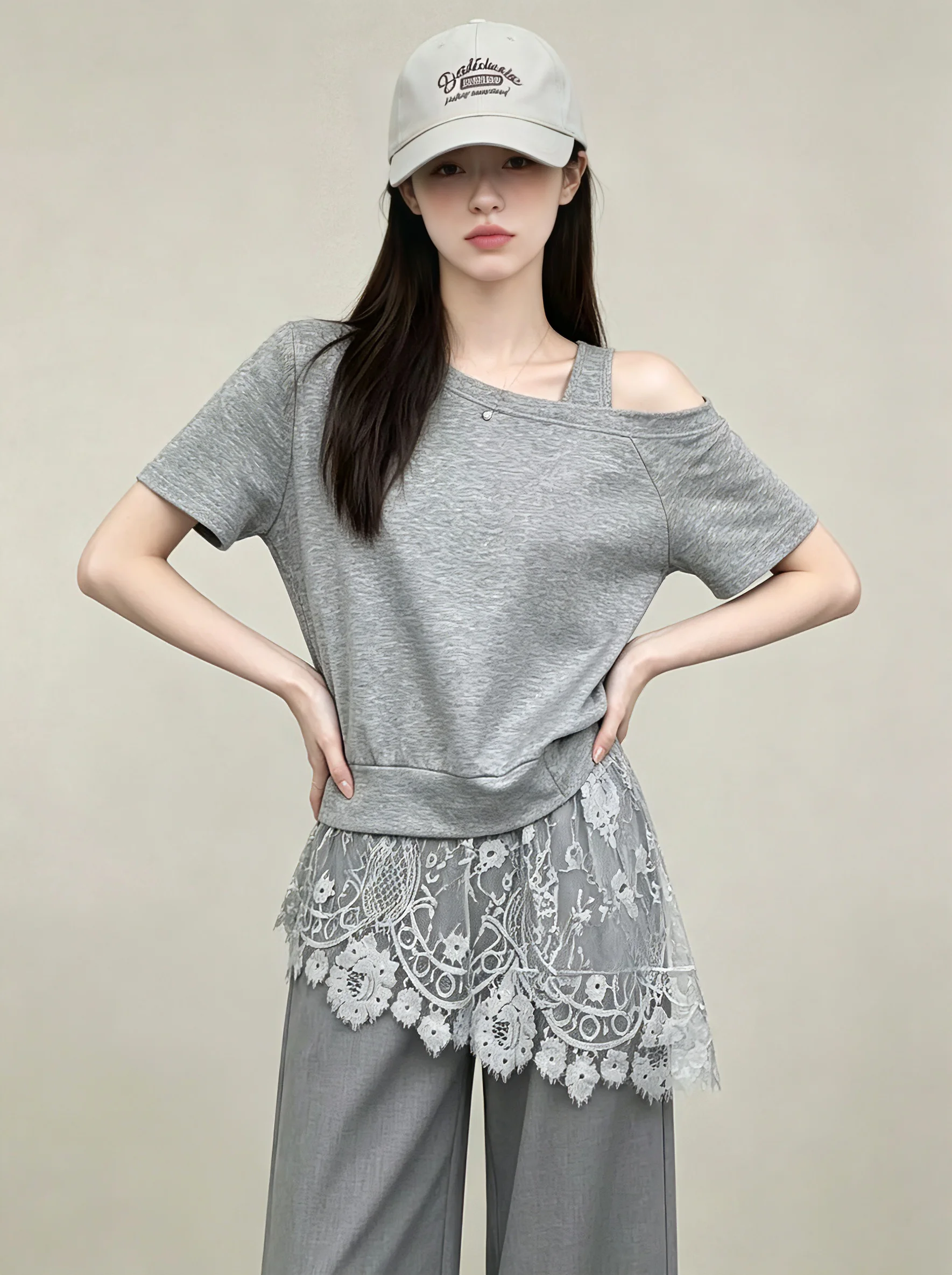 

Gray Lace Shoulder Bared Short Sleeve Top And Casual Pants Summer Outfit Set High Waist Loose Fit Fashionable Casual Style