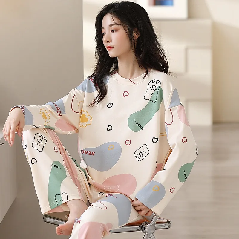 Women\'s Nightwear Plus Size Cartoon Bear Student Pajamas Homewear Ladies Long Sleeves Plaid Long Trousers Sleepwear Loungewear