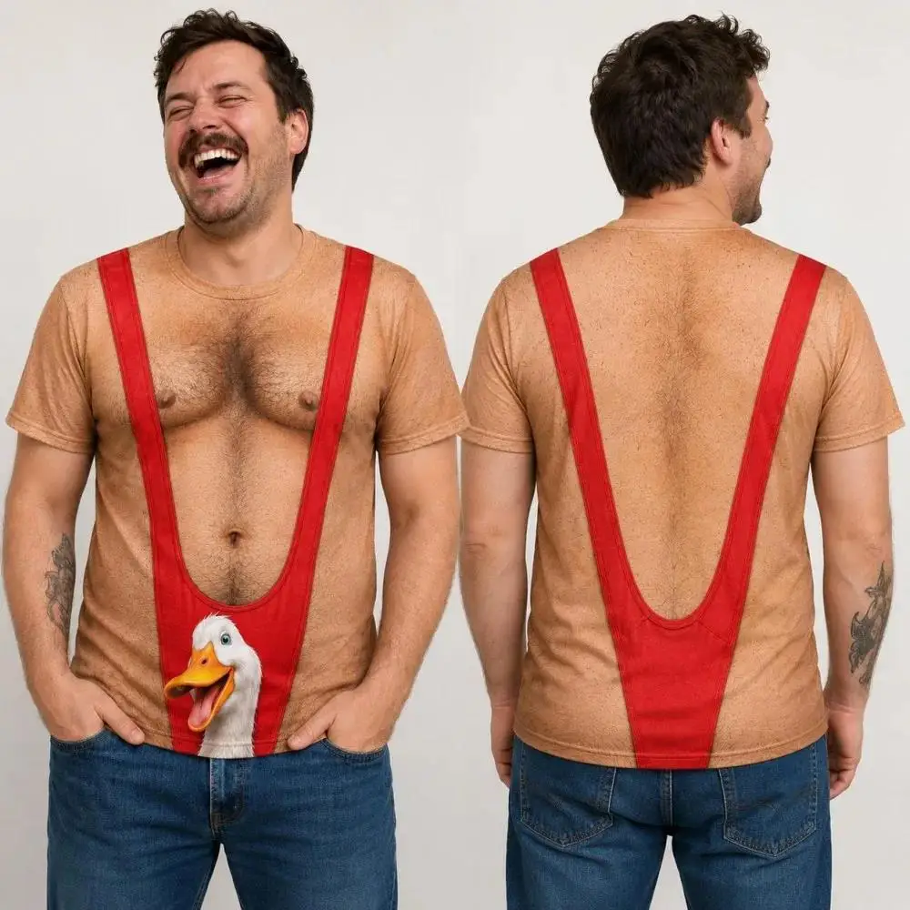 2026 New Men Short Sleeve T-shirt Funny Duck Suspender Fake Skin Print Round Neck Summer Party Casual Tops Men's Clothing