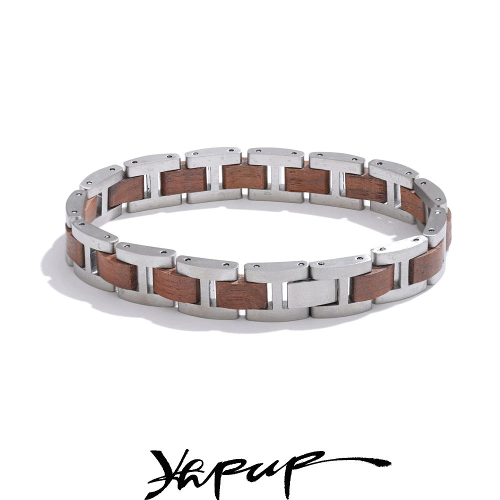 Yhpup 22 cm Stilvolle Einzigartige Edelstahl Natürliche Holz Kette Männer Klassische Armband Vintage Mode Handgelenk Armreif Schmuck Zubehör