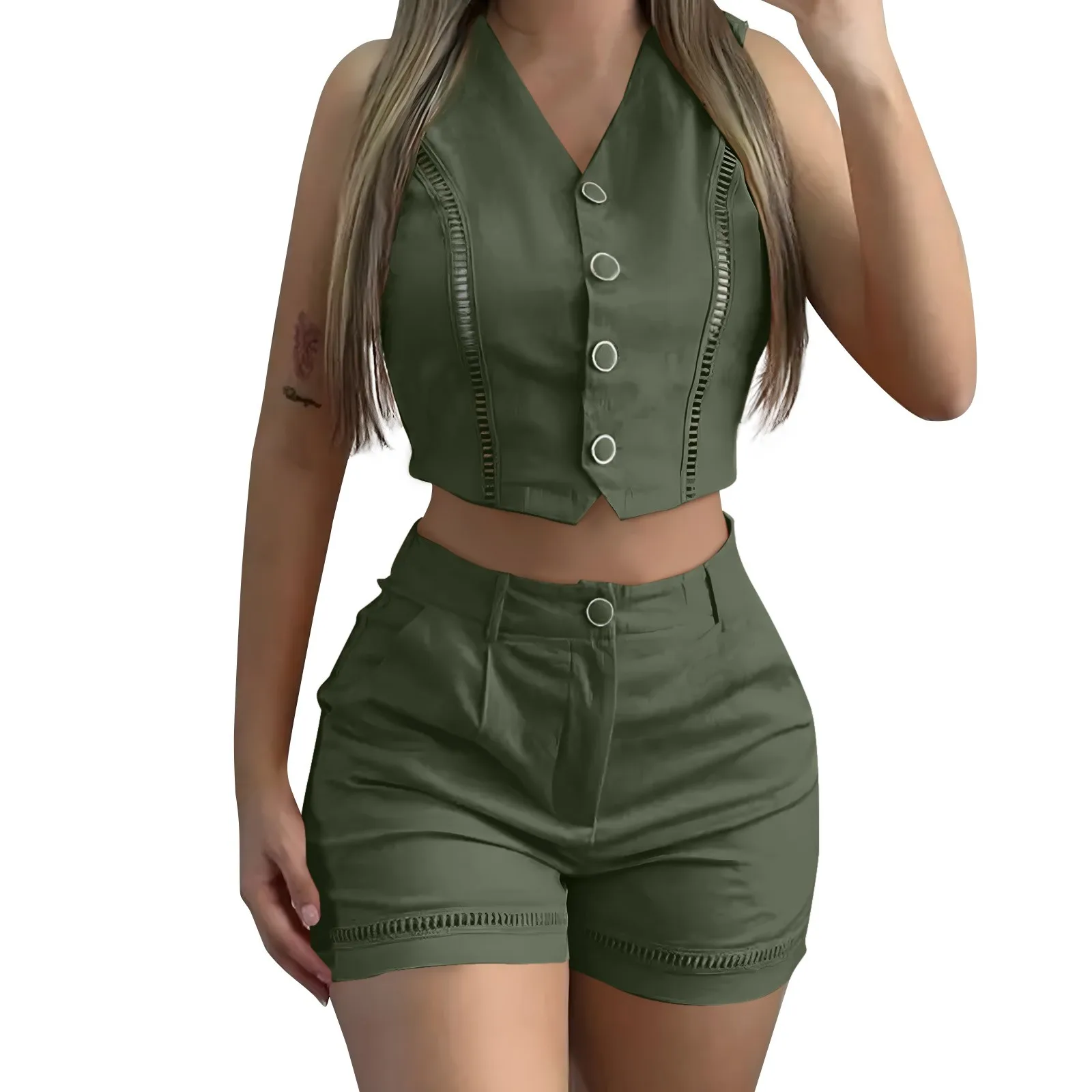 Spicy And Sexy Slim Fitting Solid Color Button Vest Shorts Suit For Women Summer Streetwear Fashion Daily Casual Simple Sets