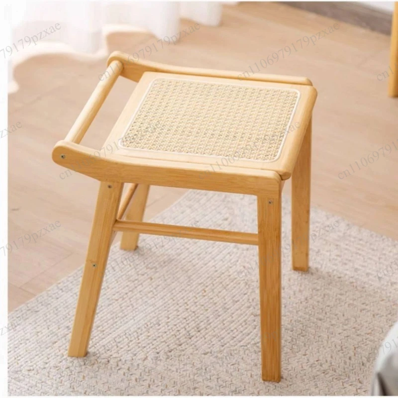 Square Wooden Stool Stable Woven Seat Footstool Sturdy Compact Footrest for Vanity Entryway