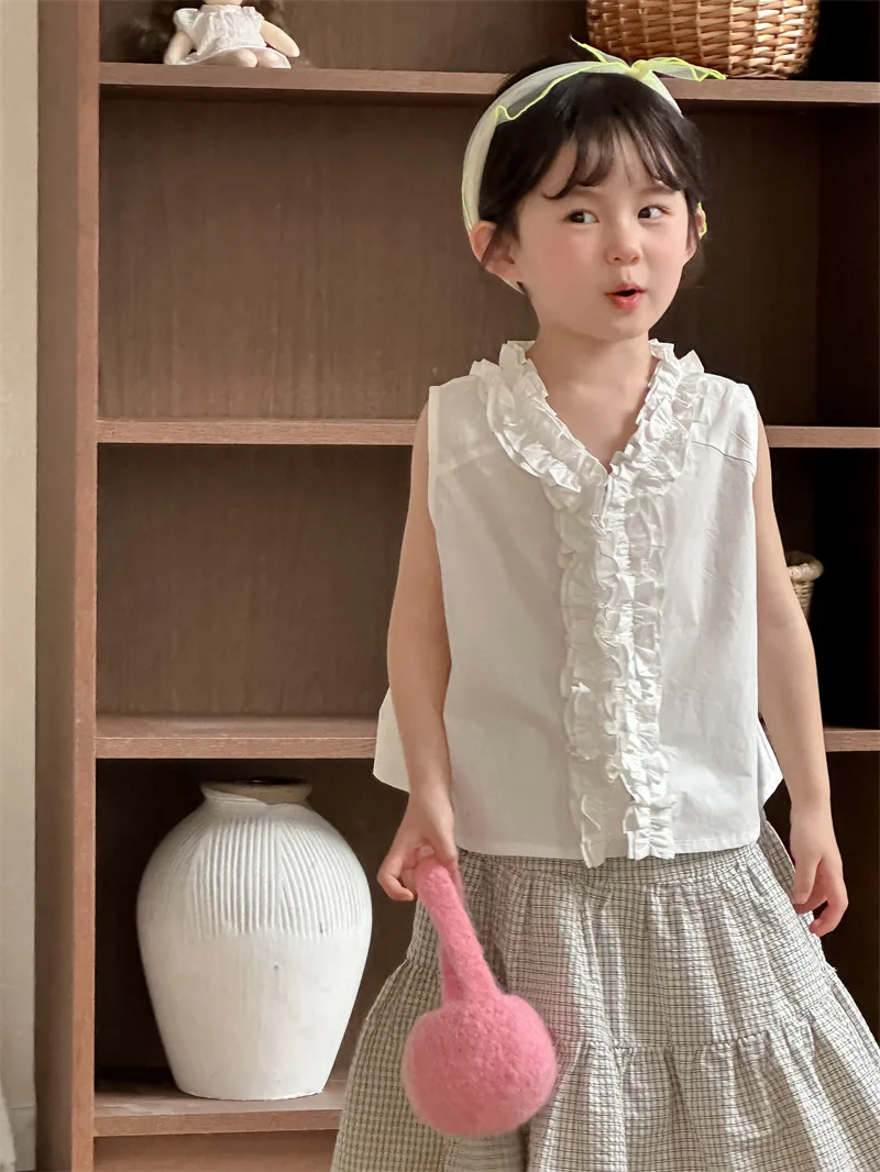 2026 New Summer Baby Girls Plaid Shirts Ruched Sleeveless Tops Korean Style Toddlers Kids Chic Blouses  1-6 Years view 4