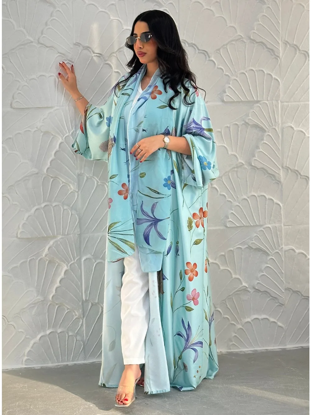 Dubai Cardigan Abaya Scarf Women Open Dress 2 Piece Set Eid Print Dubai Cardigan Morocco Caftan Jalabiya Long Roeb Ramadan Party