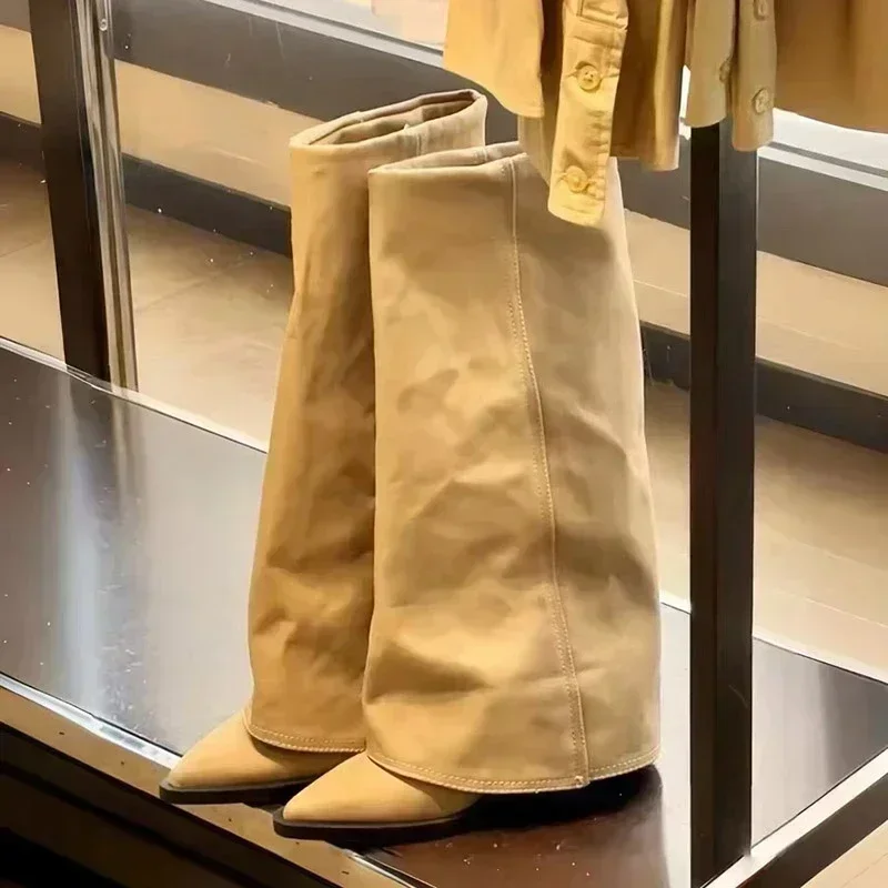 

Autumn/Winter New Women's Pointed-Toe Chunky-Heel Cuffed Boots, Vintage Knee-Length Western Cowboy Boots, Rider Boots