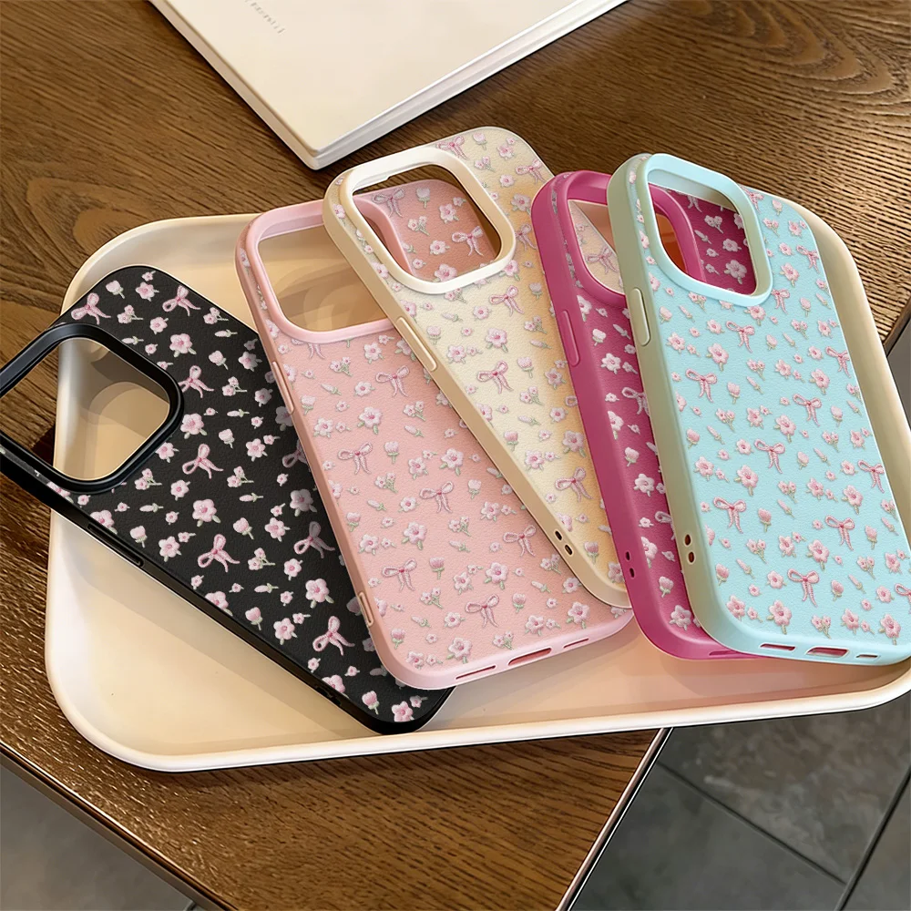 Cute Pink Flower Phone Case For iPhone 16 15 13 11 14 12 17 Pro Max Air Plus Leather Lichee Pattern Shockproof Soft Cover Fundas - view 6