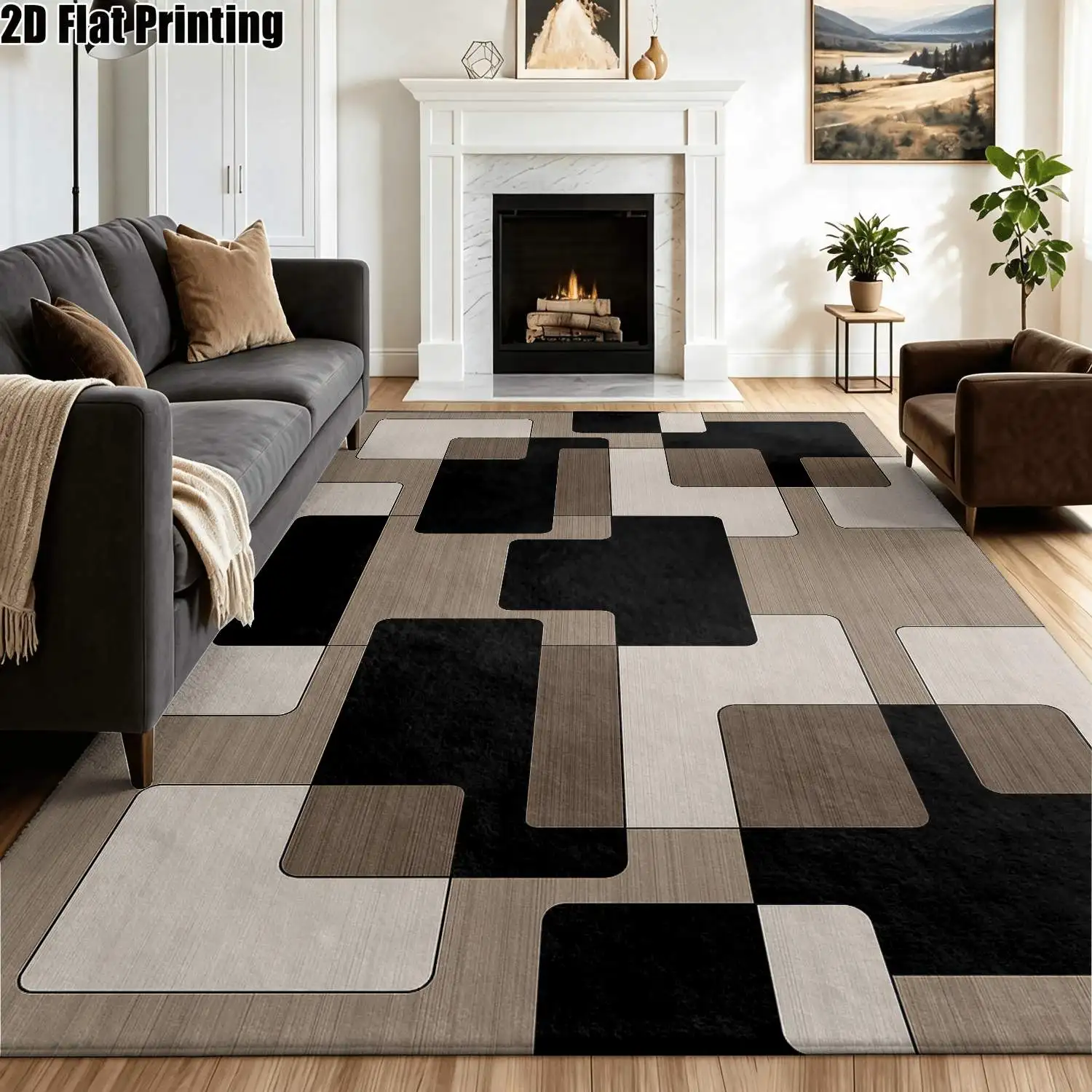 1Pc 2D Printed Black, Brown & White Geometric Square Carpet: Modern Minimalist Nordic Style, Washable, Multi-Size, Ideal for Home Decor & Various Mats