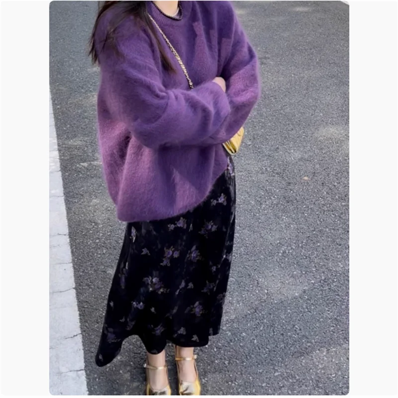 Women New Fall Winter Fashion 2 Piece Sets O Neck Knitted Purple Loose Sweater Pullover&Floral Print Midi Skirt Casual 2PC Suits