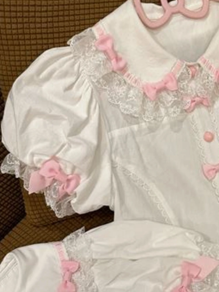 

Lolita Kawaii Lace Patchwotk Shirt Y2k Aesthetic Doll Collar Grunge Blouse Women Japanese Sweet Shirts Contrast Color Bow Femme