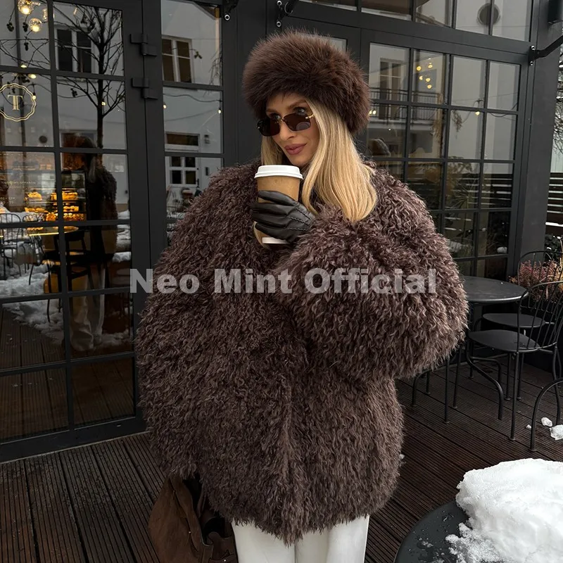 Neo Mint Winter 2026 Hot Chocolate Fluffy Chunky Sheep Fur Coat Women Oversized Overcoat Outerwear Ins Street Fashion Fur Jacket