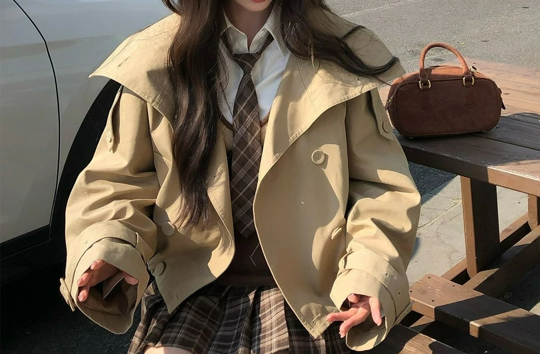 

Осень 2024, новый двубортный плащ цвета хаки с воротником-стойкой, короткий элегантный дизайн