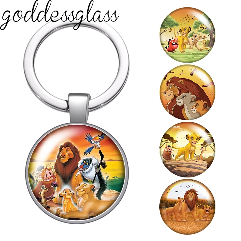 Disney König der Löwen Simba Mufasa Sara bi Familie Cartoon Foto Glas Cabochon Schlüsselanhänger Tasche Auto Schlüsselanhänger Ringhalter Charms Geschenk