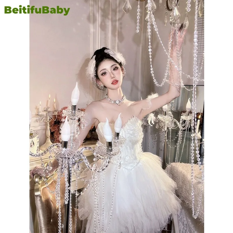 BeitifuBaby Women\'s Evening Dress Sexy Strapless Feather Neck Lace Big Swing Skirt Dubai Banquet Gown Party Dresses Vestidos