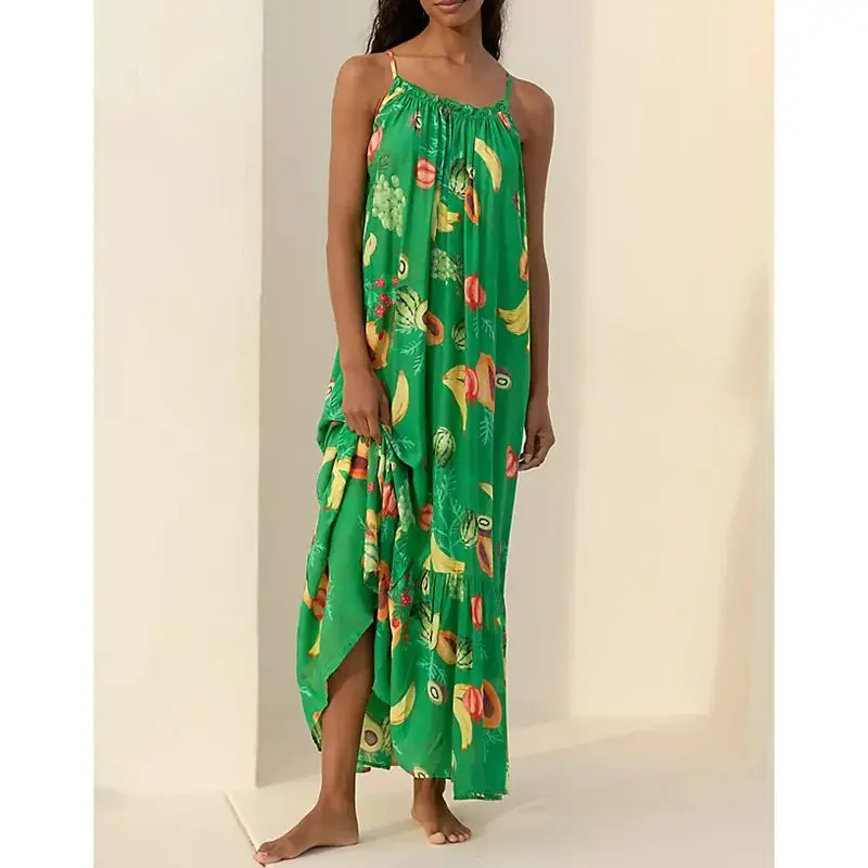 Combhasaki Vrouwen Zomer Verstelbare Spaghetti Band Backless Y2K Fruit Print Verstoorde Trim Backless Loose Fit Slip Cami Lange Jurk