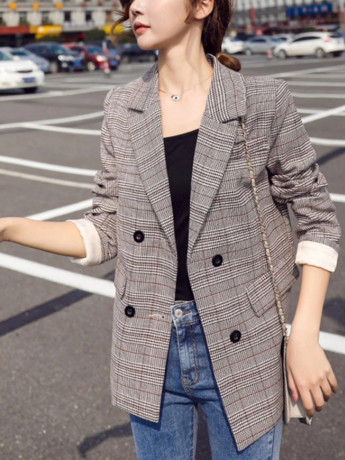 Retro Casual Plaid Long Sleeve Suit Jacket Commute OL Spring Autumn Double Breasted Versatile Women's Fashion Outerwear