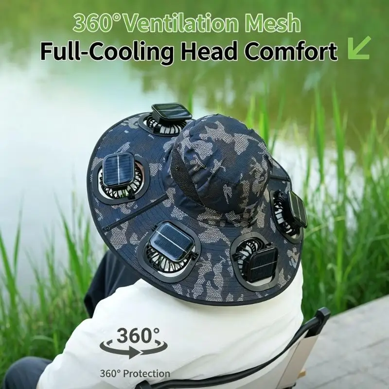 Sun Shade Fan Hat with Six Around Hat, Visible Solar Cell Form and a Listed Port for Outdoor Use in Y166