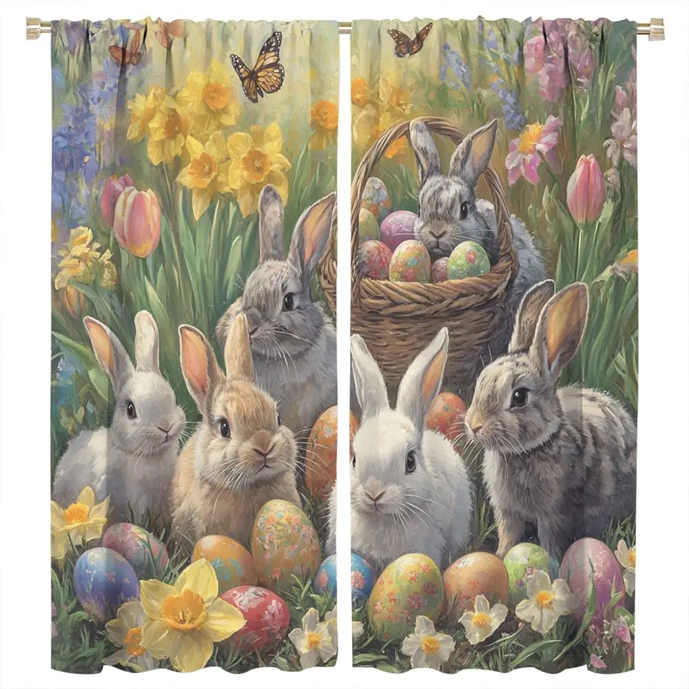 Retro Tulips Rabbit Room Darkening Rod Pocket Curtain Vintage Flower Garden Rustic Window Treatment Thermal Insulated Curtains