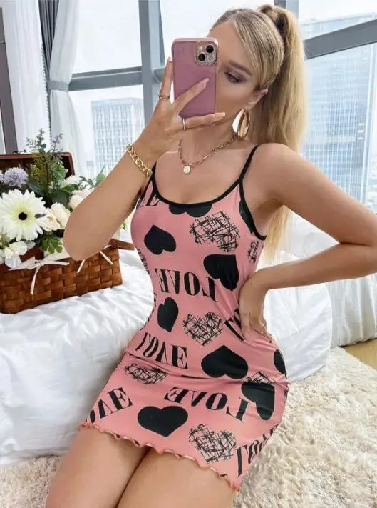 Summer New Nightgown Beauty Back Thin Section Of Home Wear Sexy Halter Short Skirt Love Cartoon Cute Printing Pajamas Nightgowns