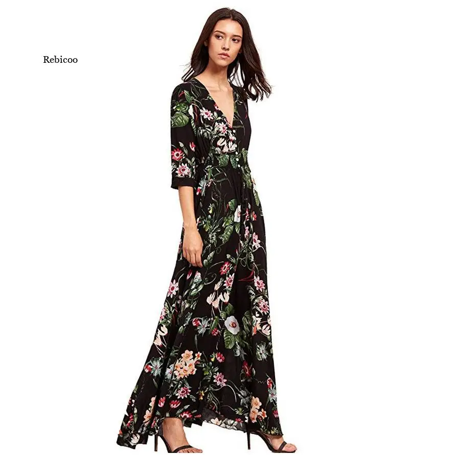 Robe longue à fleurs style Boho, imprimé Floral, Maxi, tunique, Slim, robe de plage, ample, col en V, manches courtes, taille haute, été, 2022