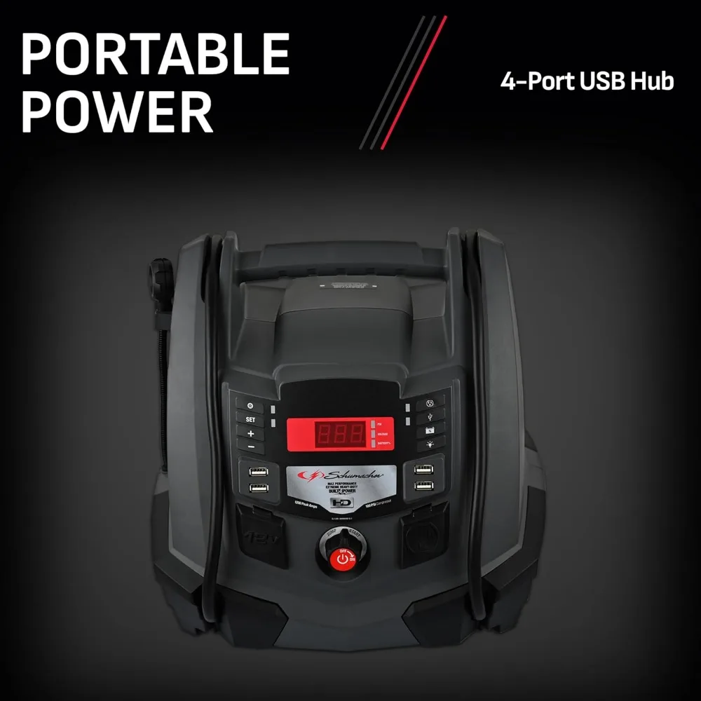 オールインワン ジャンプスターターとポータブル電源、1200ピークアンペア、12V、100PSIエアコンプレッサー
