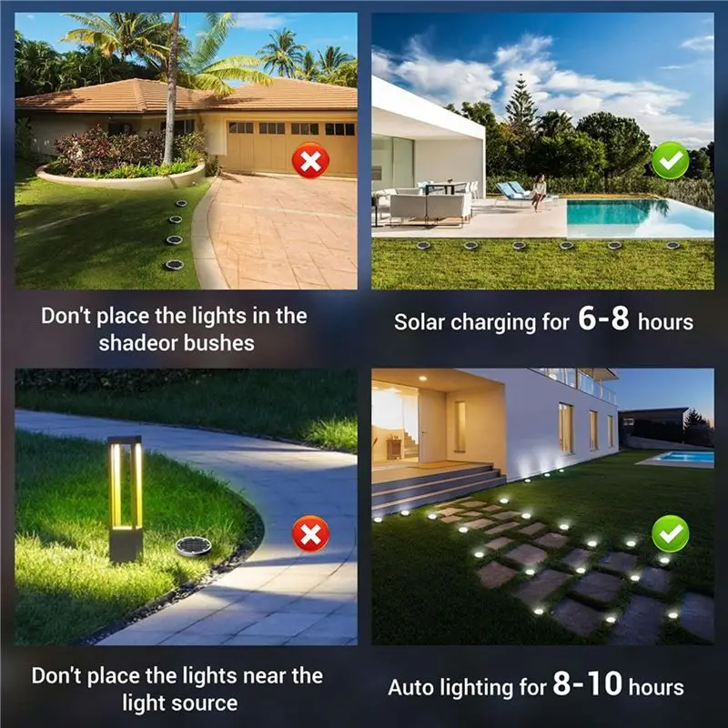 A84E-Solar Ground Lights 8-Pack, Cool White LED Disc Lights, IP65 Waterproof,Anti-Rust For Outdoor Landscaping