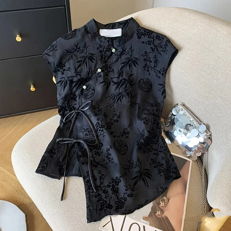 Retro Thin Shirt New Chinese Style Cheongsam Top Black Jacquard Short Sleeve T-shirt Summer Mature Fashion Women\'s Clothing