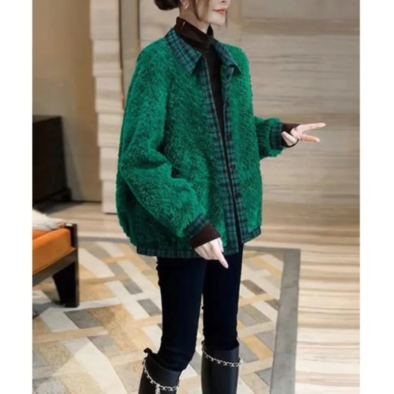 Women's Polo Collar 2023 Autumn and Winter New Fashion Solid Color Patchwork Plaid Button Wool Liner Long Sleeve Cardigan Coat