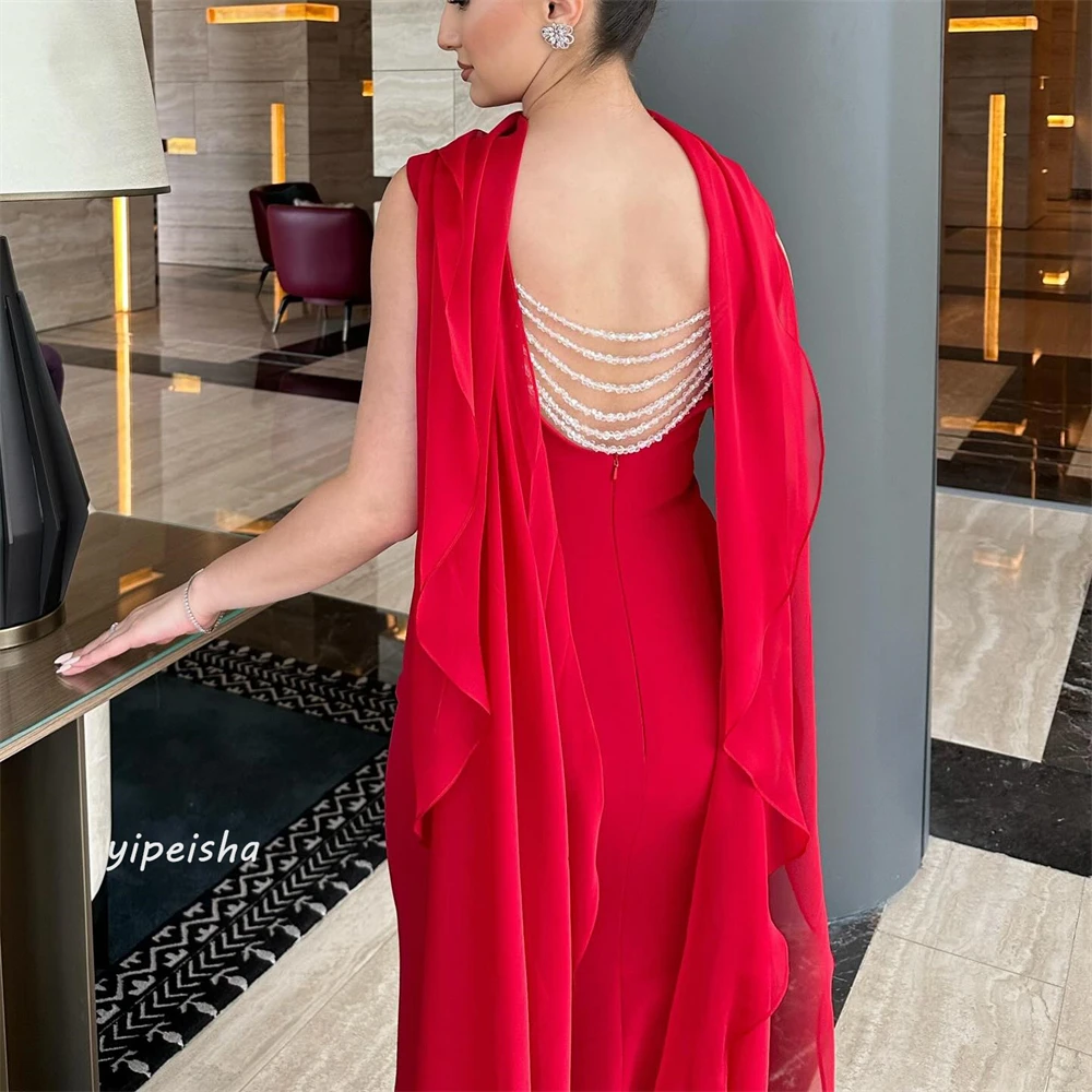 Jersey Beading Ruched Birthday A-line High Collar Bespoke Occasion Gown Long Dresses