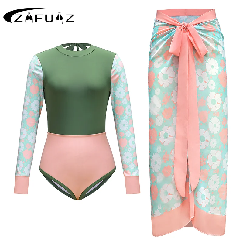 

ZAFUAZ 2024 Sexy Print Long Sleeve Zip Front One Piece Swimsuit and Sarong Backless Beachwear Monokini Rashguard Bathing Suit